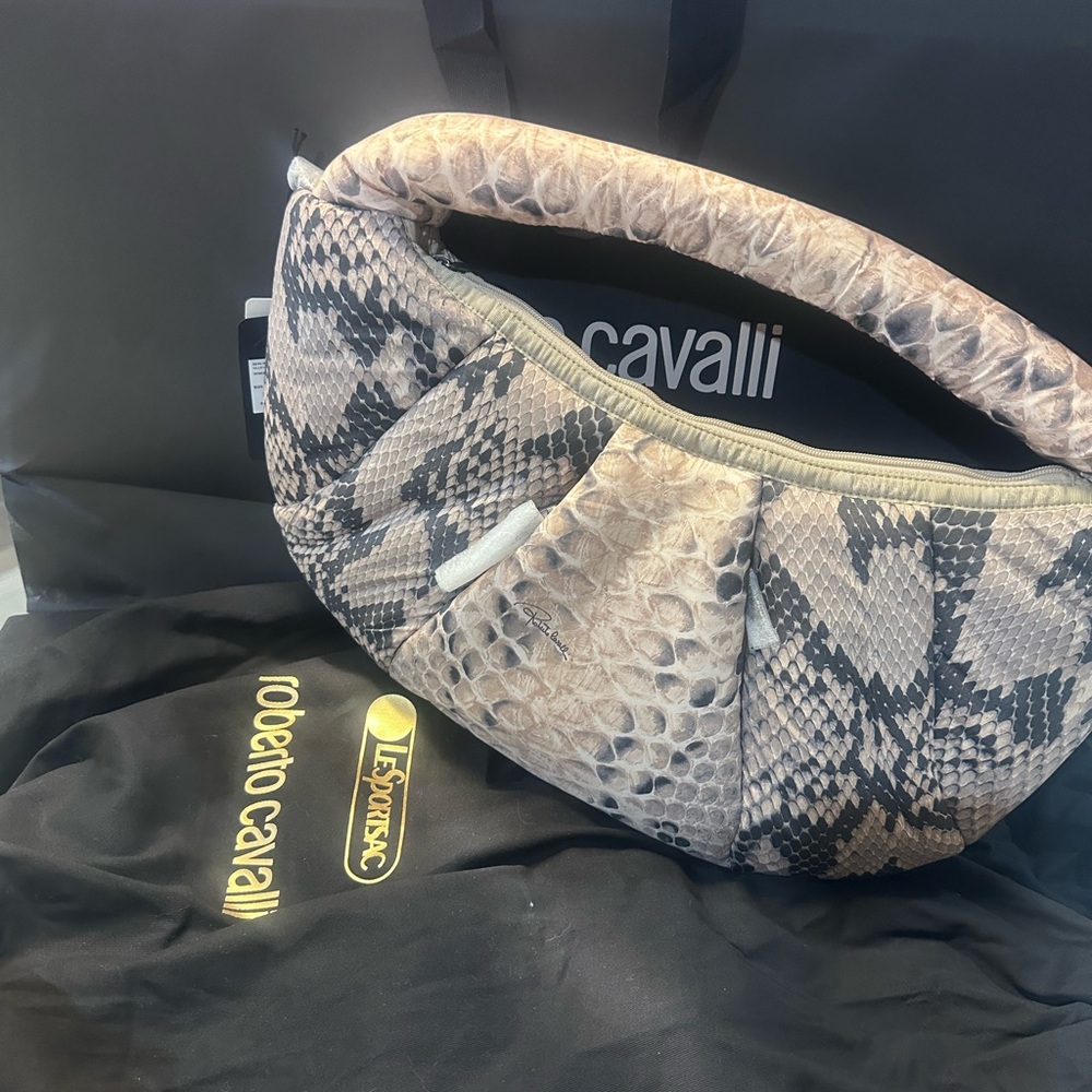 Roberto Cavalli Beige and Black Snake Pattern Hobo Bag